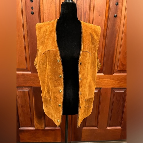 VTG Pioneer Wear Western Vest Suede Leather Brown Sherpa Lined Snap Up Men's 38